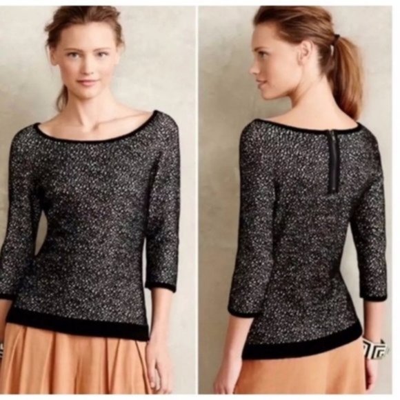 Anthropologie Moth Lana Black/White Textured Chenille Scoop Pullover Sweater M - Picture 2 of 13